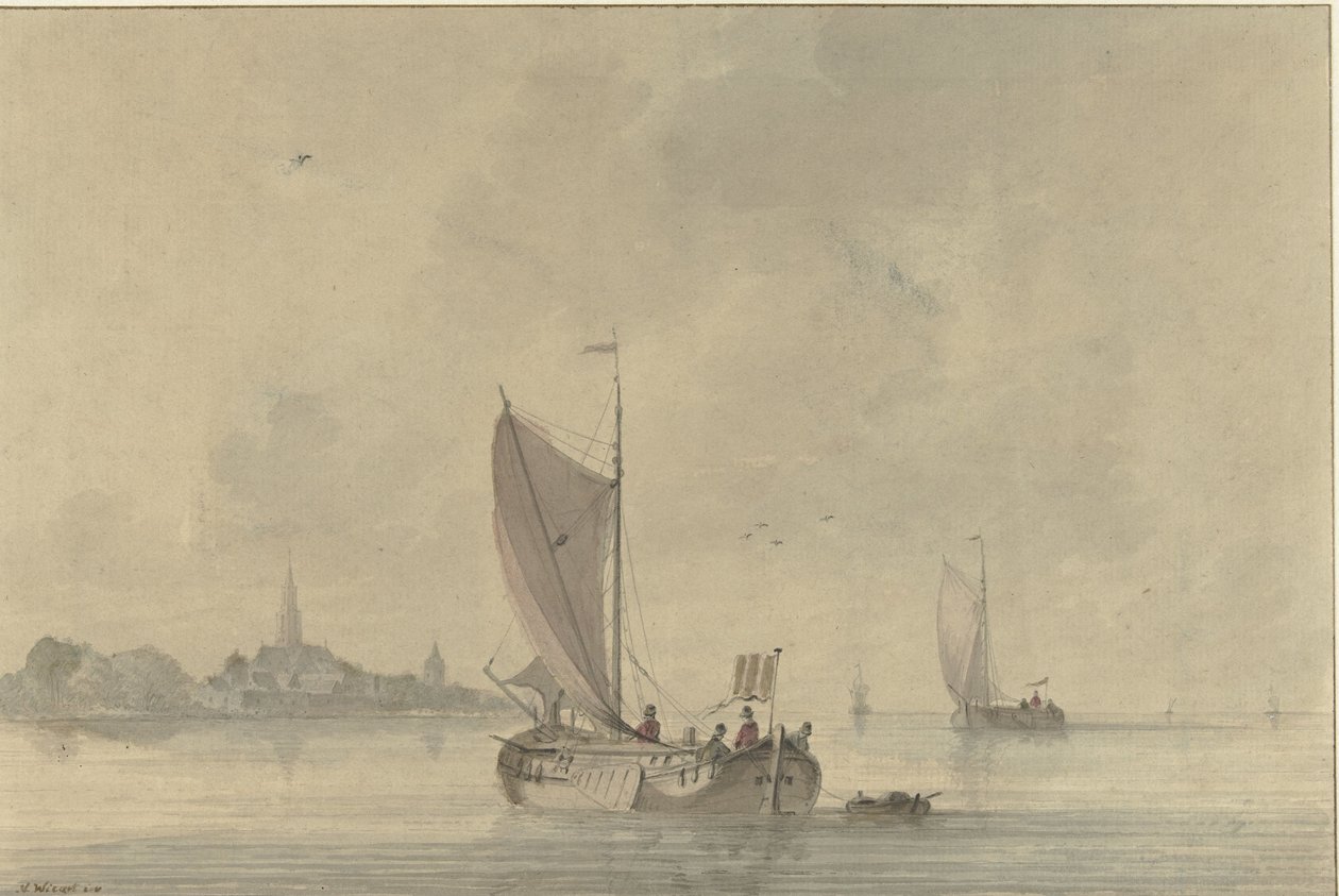 Seillektere på vannet foran en nederlandsk by av Nicolaas Wicart