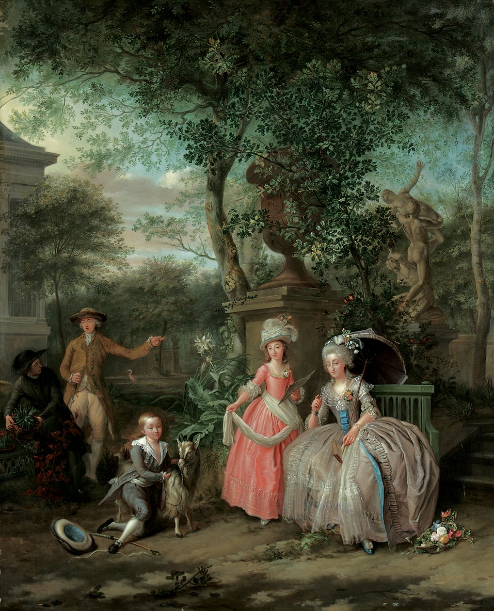 Et gruppeportrett av en familie i en prydhage, 1791 av Nicolaas or Nicolaes Muys