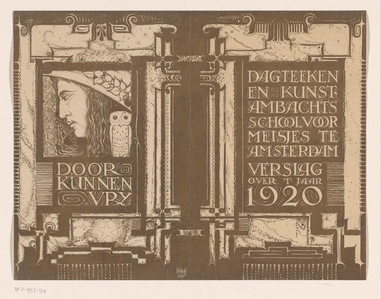 Banddesign for: Dagens rapport Tegne- og kunsthåndverkskole for jenter i Amsterdam omkring år 1920 av Nicolaas van de Vecht