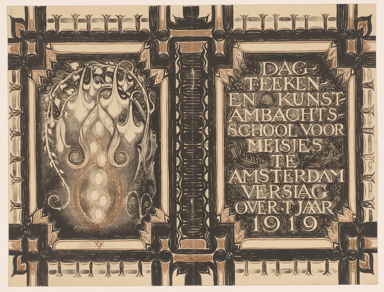 Omslagsdesign for: Rapport fra Dagteeken- en Kunstambachtschool for Girls i Amsterdam om året 1919 av Nicolaas van de Vecht
