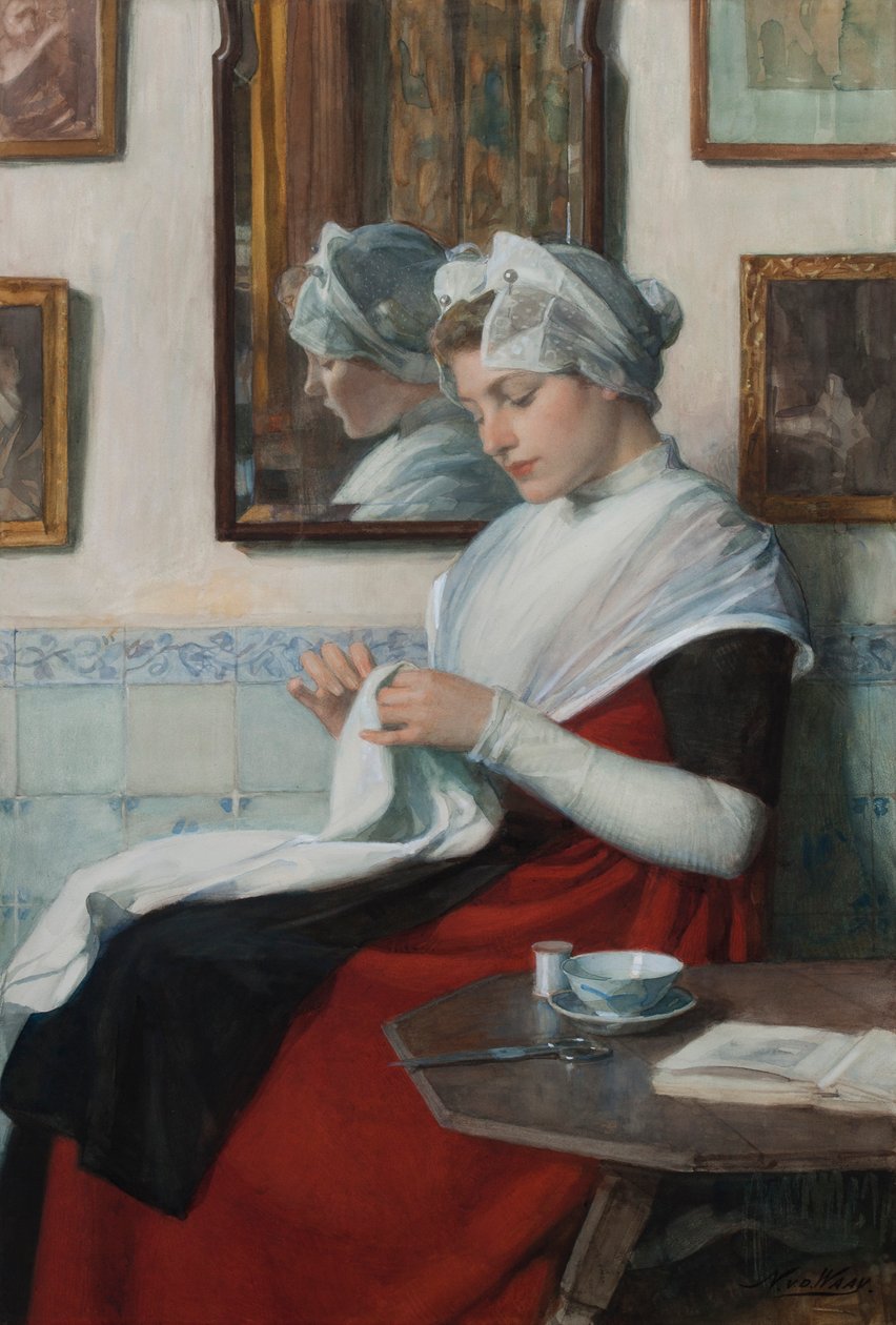 An Amsterdam Orphan Girl Sewing, ca. 1890 (wc lagt ned på papp) av Nicolaas van der Waay