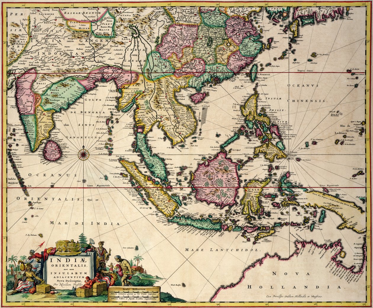 Generelt kart som strekker seg fra India og Ceylon til nordvestlige Australia via Sør-Japan, Filippinene, den malaysiske halvøya og den indonesiske skjærgården av Nicolaes Jansz Visscher