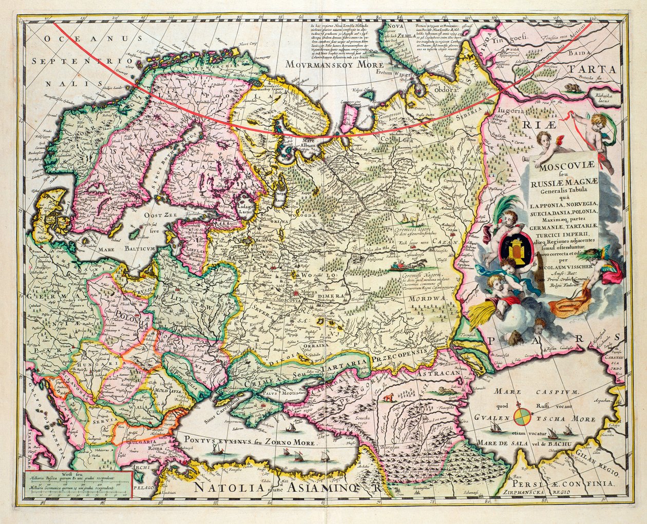 Kart over Lilleasia som viser Norge, Sverige, Danmark, Lappland, Polen, Tyrkia, Russland og Moskva-regionen, ca. 1626 (håndfarget plategravering) av Nicolaes Jansz Visscher