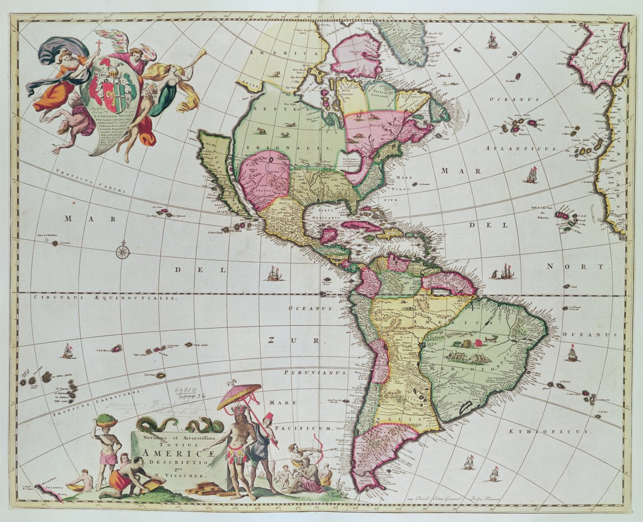 Den siste og mest nøyaktige beskrivelsen av Amerika av N. Visscher, 1648 (fargegravering) av Nicolaes Jansz Visscher