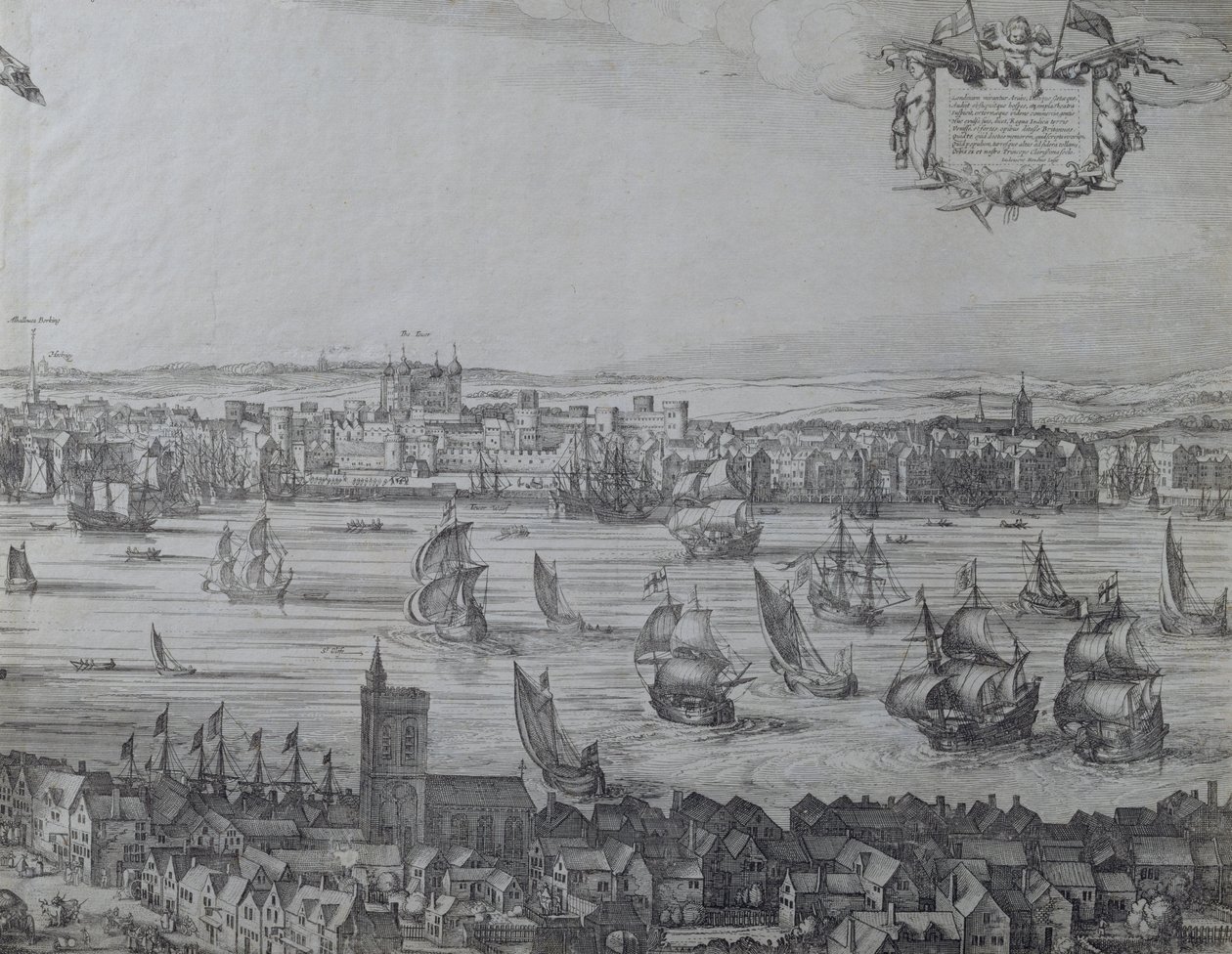 Panorama over London og Themsen, del fire som viser Tower og Church of St. Olave, ca. 1600 (se også 7214 og 64731-2) av Nicolaes Jansz Visscher