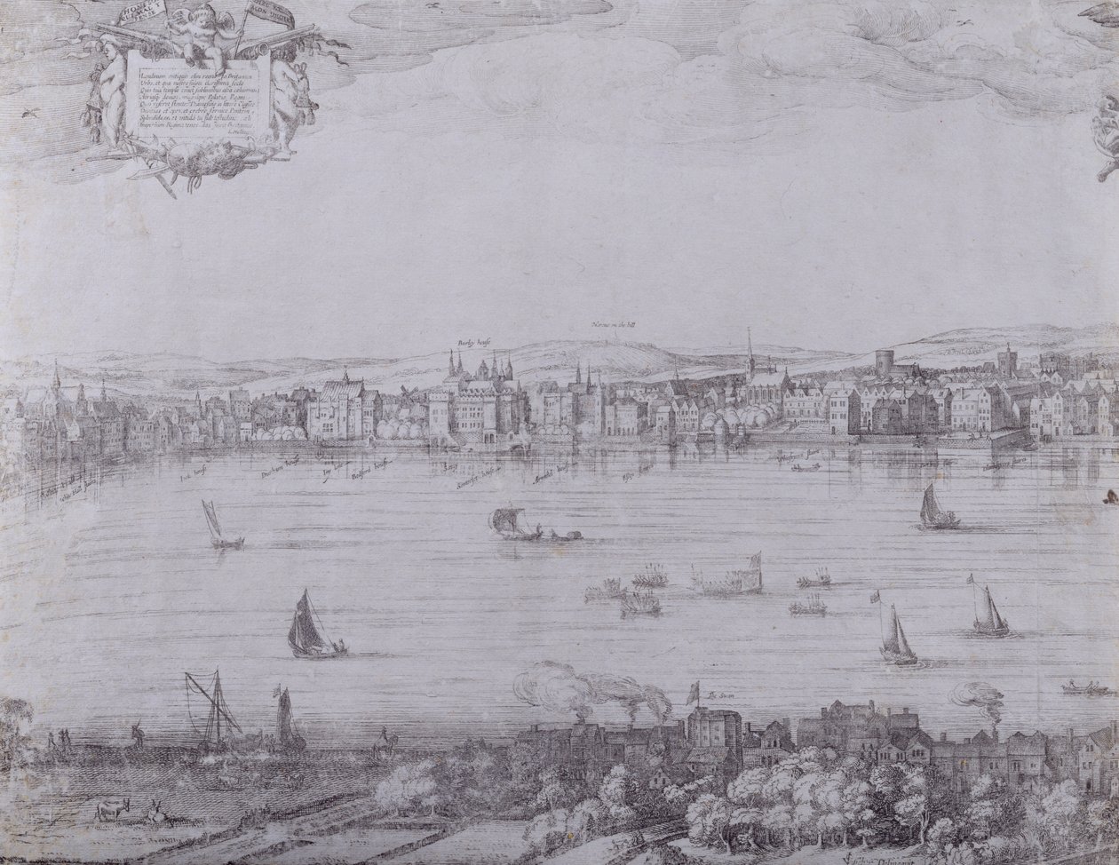 Panorama over London og Themsen, del én som viser fra Whitehall til Blackfriars, ca. 1600 (se også 7214 og 64730-31) av Nicolaes Jansz Visscher