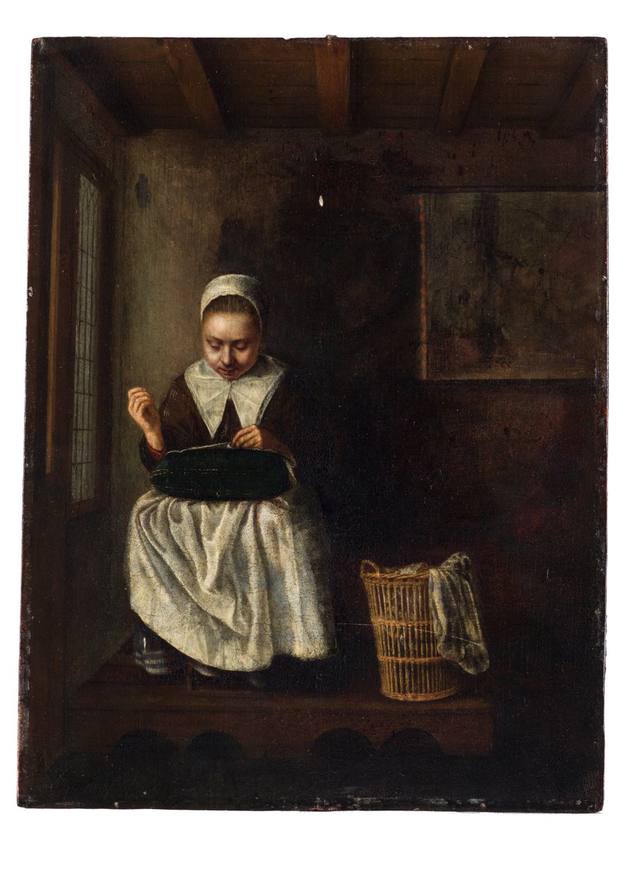 En jente som syr av Nicolaes Maes