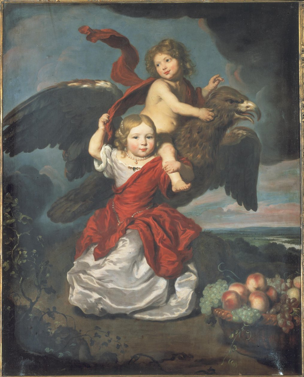 Dobbeltportrett av en gutt og en jente som Ganymedes og Hebe i et landskap av Nicolaes Maes