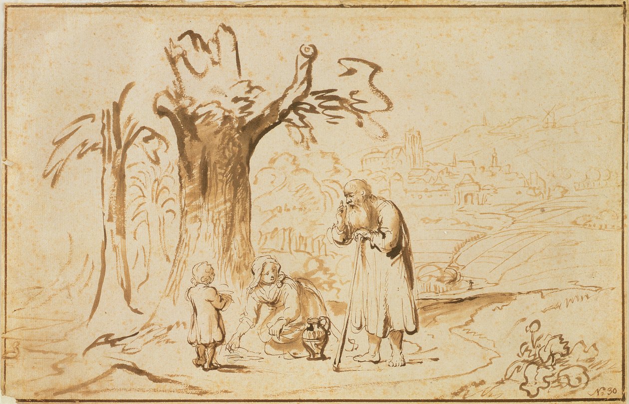 Elijah og enken fra Zarefat (penn og brun vask på papir) av Nicolaes Maes