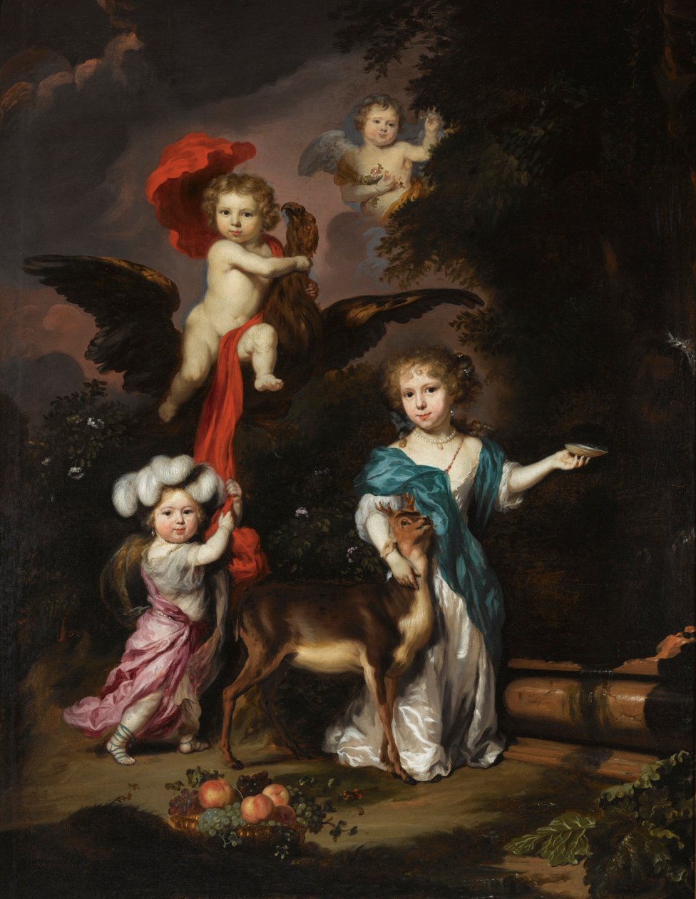 Portrett av fire barn som Ceres, Ganymede, en kjerub og Diana av Nicolaes Maes