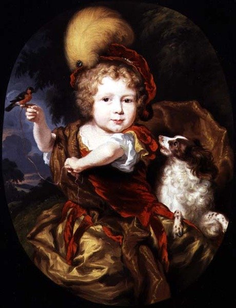 Portrett av en gutt som holder en fugl på fingeren, med en hund ved sin side av Nicolaes Maes