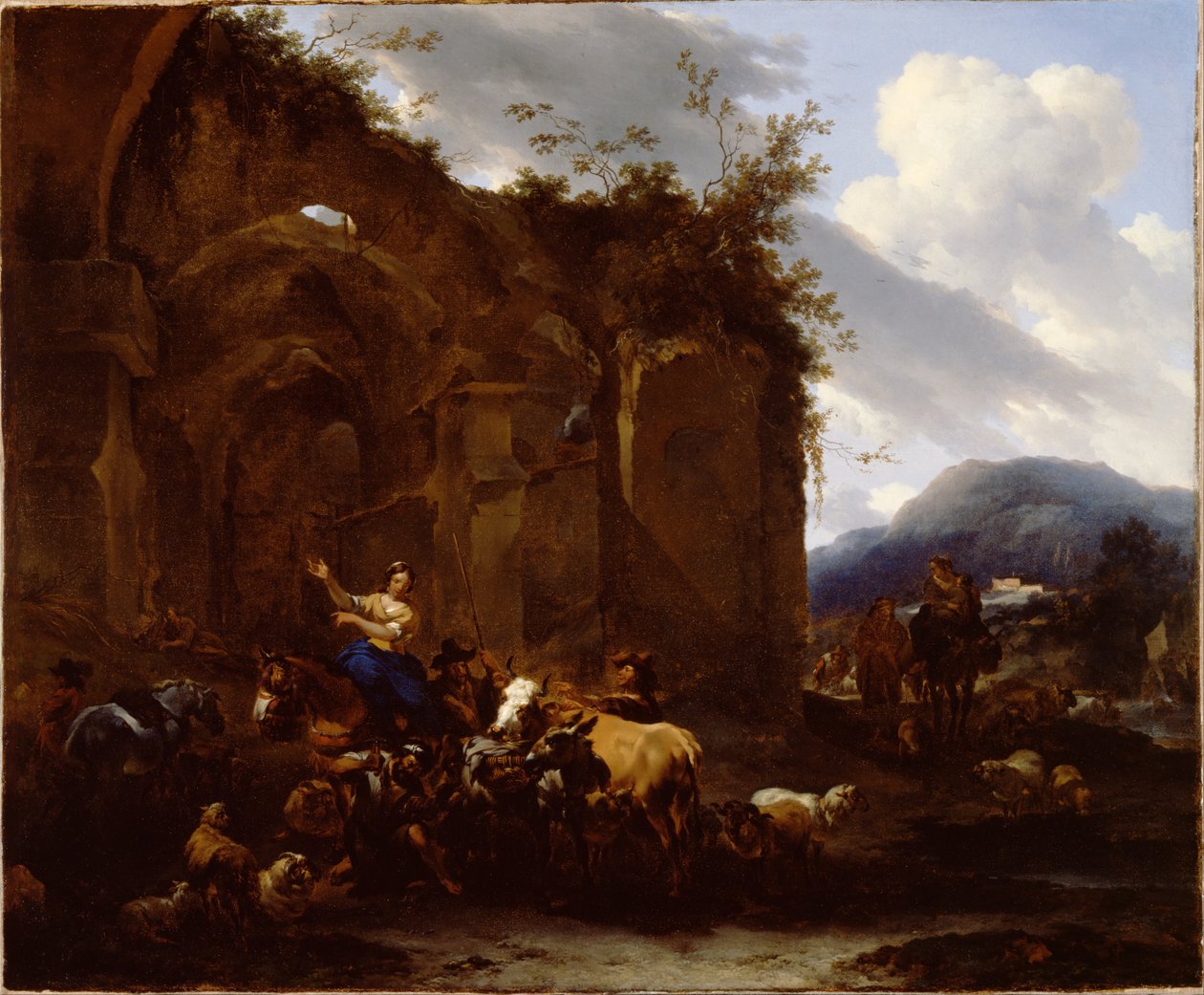 En husmann og bønder i nærheten av romerske ruiner av Nicolaes Pietersz. Berchem