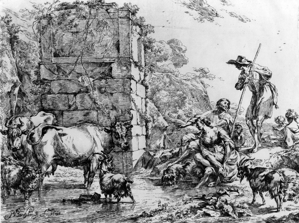 Kuer og geiter drikker ved en dam av Nicolaes Pietersz. Berchem