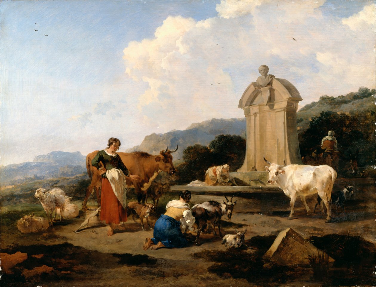 Romersk fontene med storfe og figurer (Le Midi) av Nicolaes Pietersz. Berchem