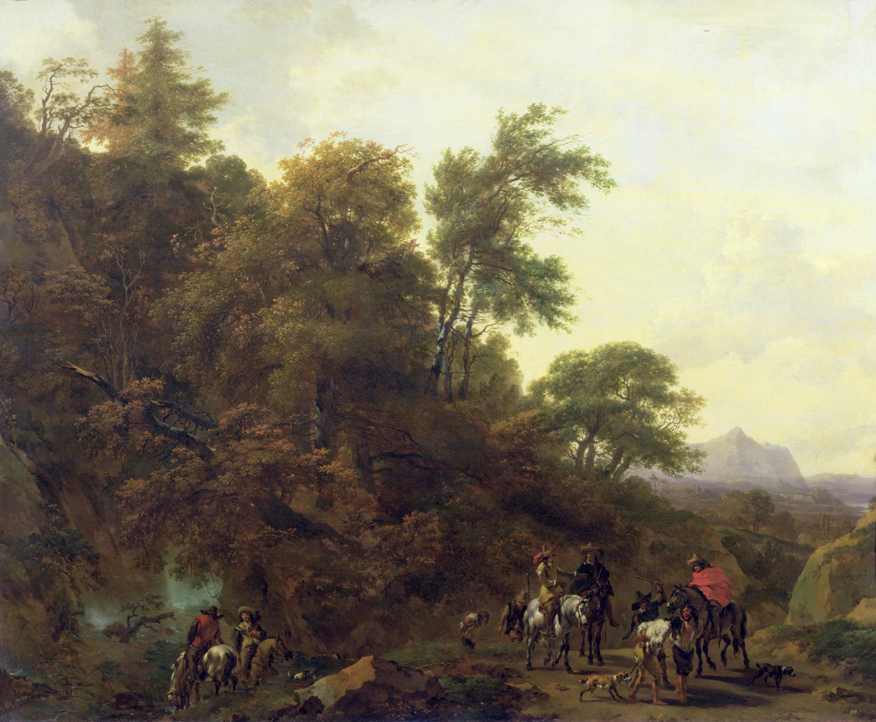 Skoglandskap med soldater som eskorterer fanger, 1656 av Nicolaes Pietersz. Berchem