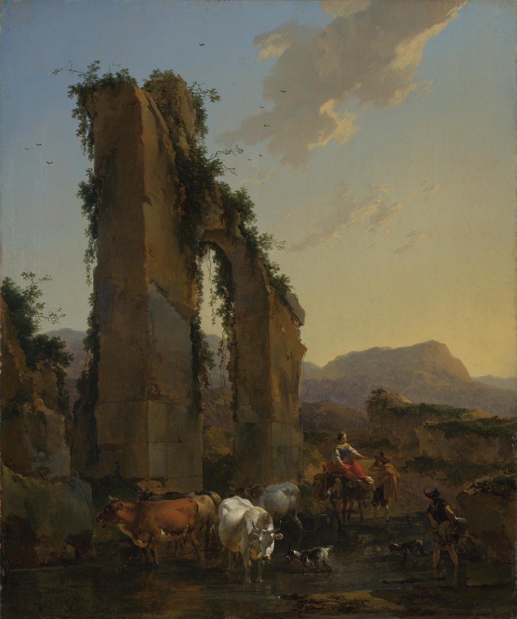 Bønder med storfe av en ødelagt akvedukt. av Nicolaes Pietersz. Berchem