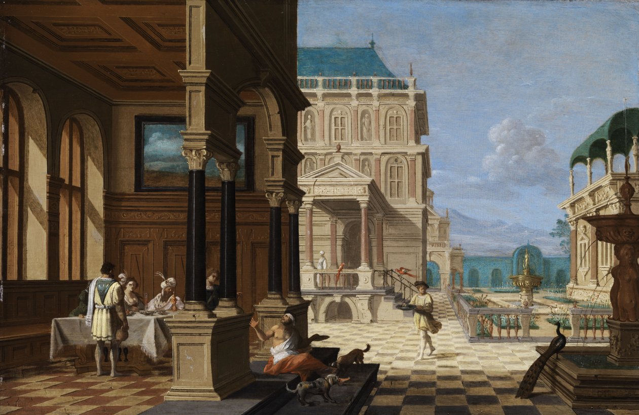 Palace gårdsplass med loggia og figurer av Nicolaes de Giselaer