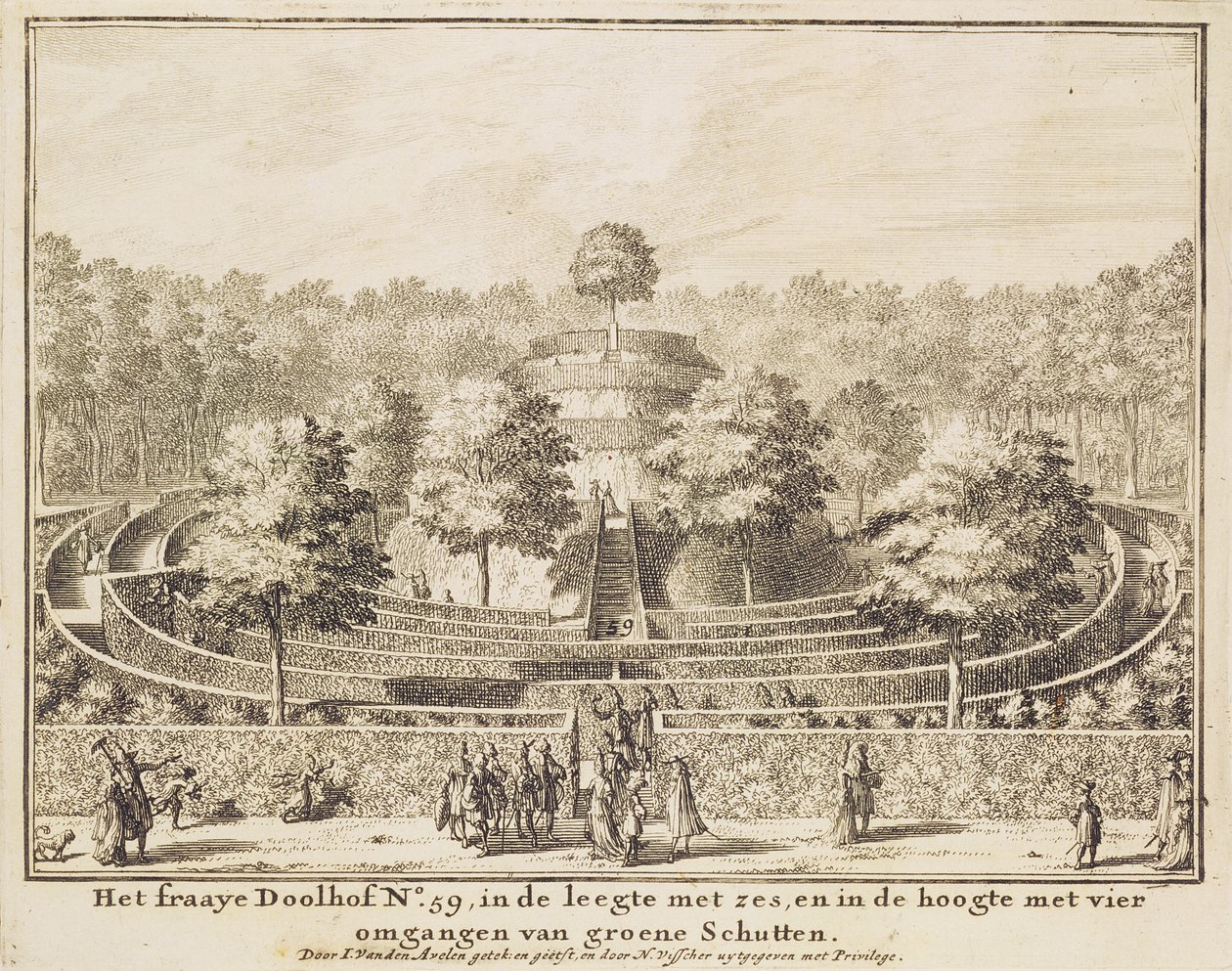Topiary labyrint med fire utganger og en sentral haug, gravert av Johannes Van den Aveele (d.1727) av Nicolaes Jansz Visscher