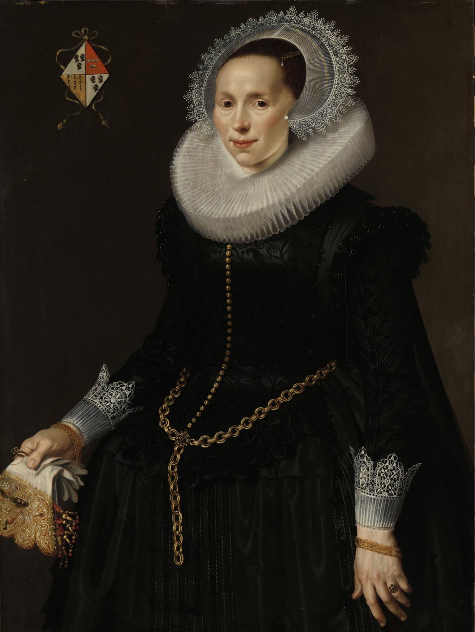Portrett av Johanna Le Maire, kone til Pieter van Son, ca. 1622-29 (olje på panel) av Nicolaes  Eliasz