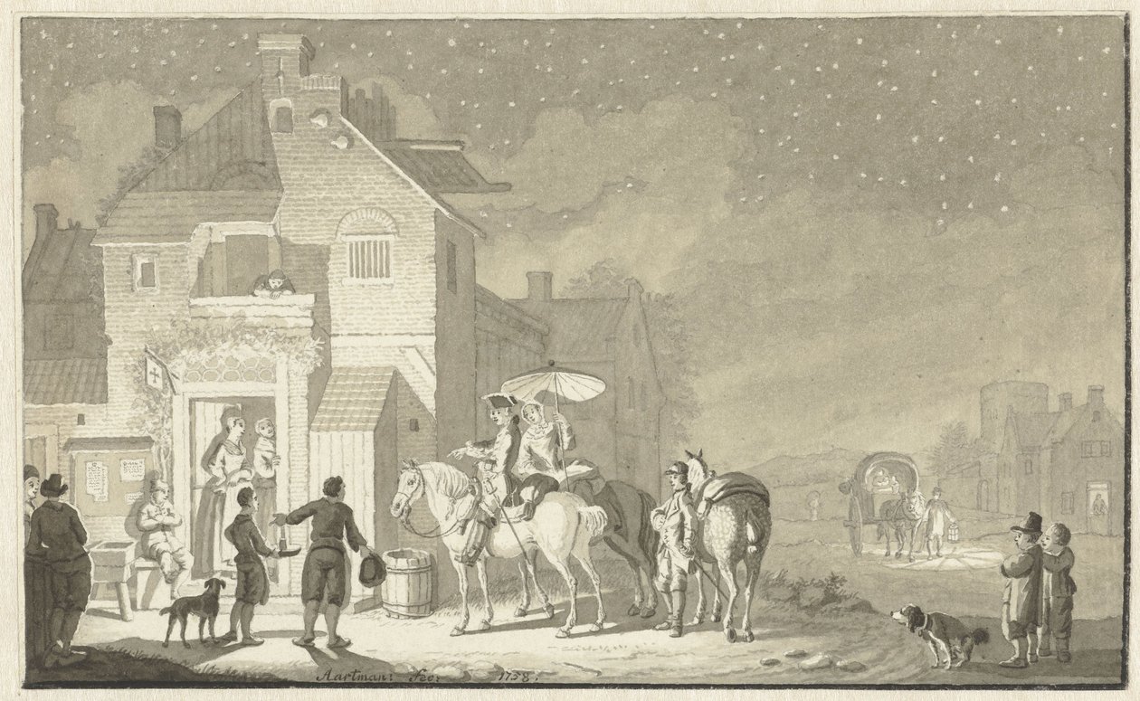Reisegruppe for vertshus om natten av Nicolaes Aartman