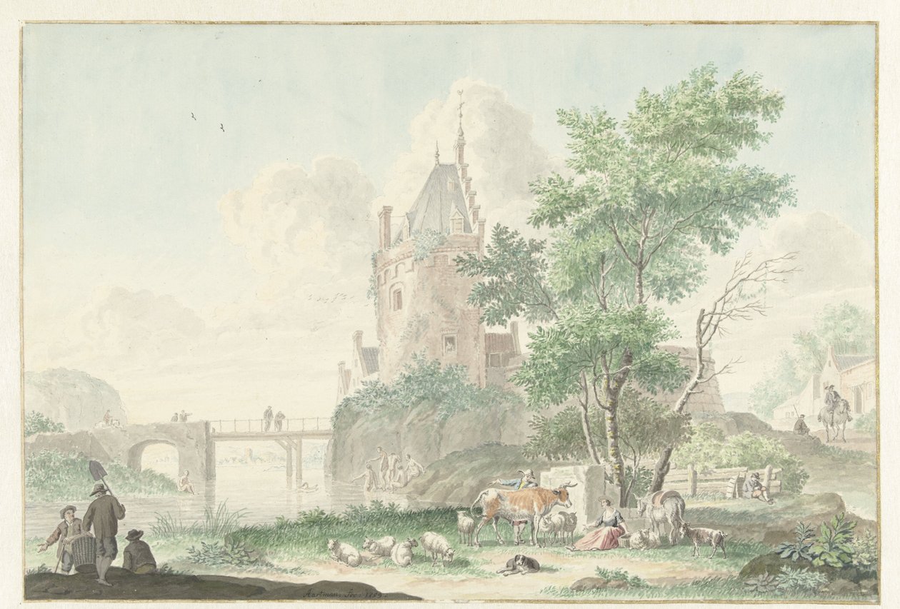 Sommerlandskap med figurer og storfe av Nicolaes Aartman