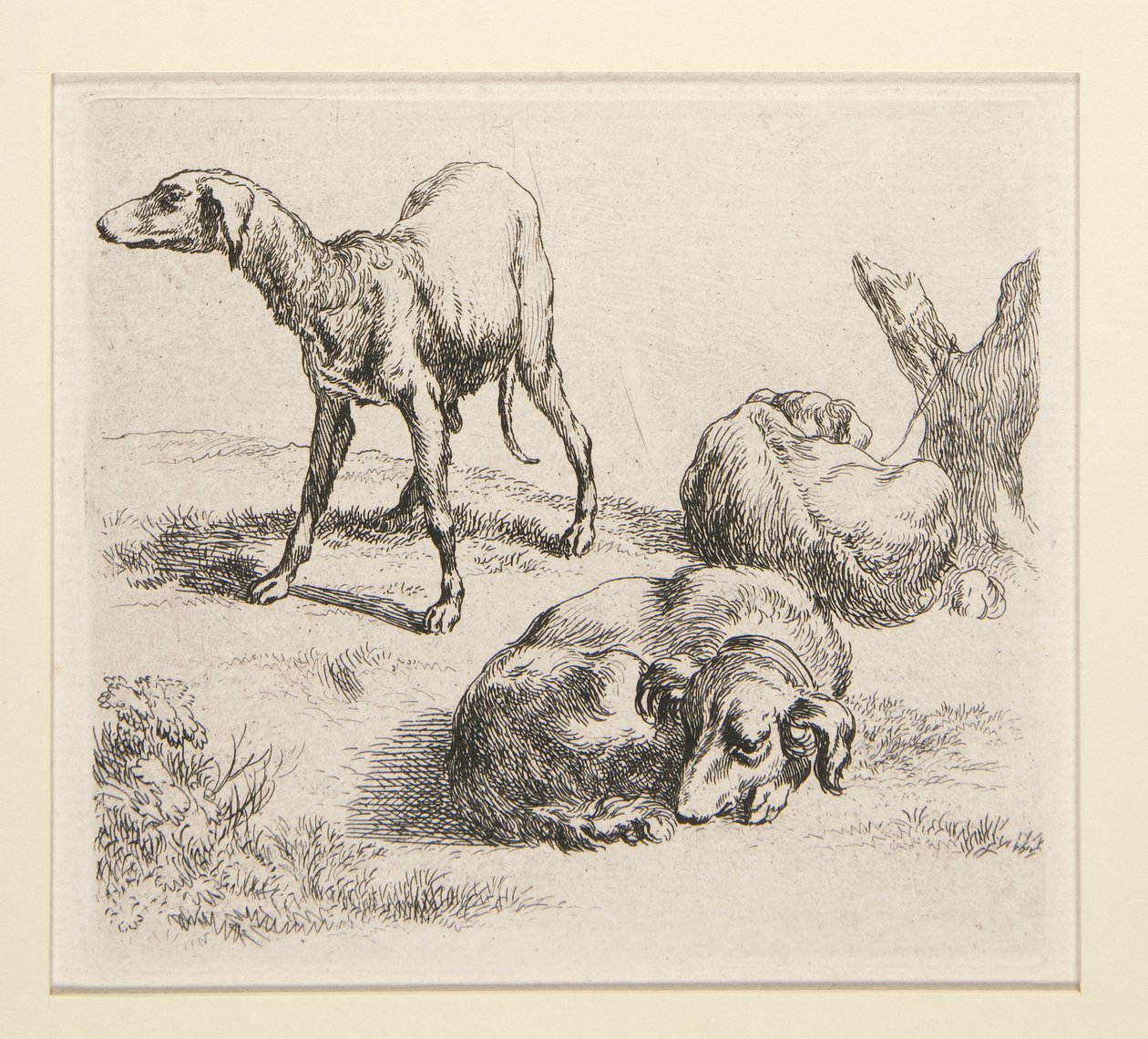 2 etsninger fra The Set of Various Animals, med mannen under trærne, den såkalte mannen av Nicolaes Berchem