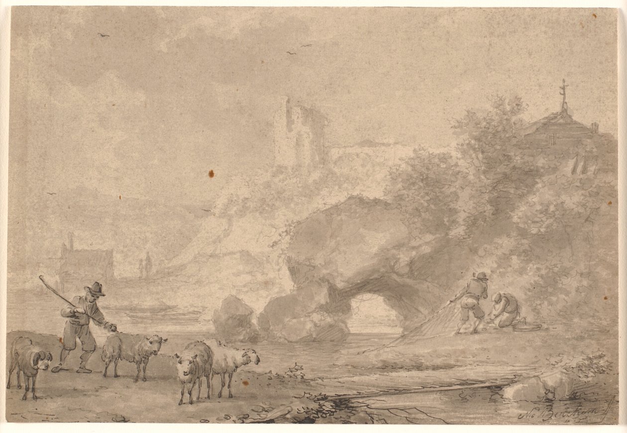 Gjeter og fiskere i et sørlig elvelandskap av Nicolaes Berchem