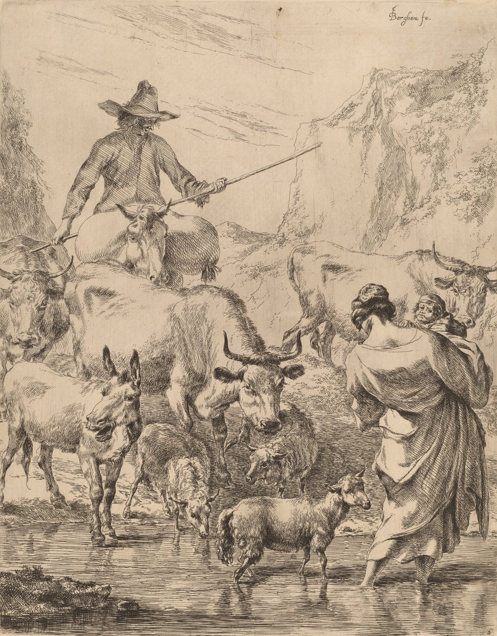 flokk krysser bekken. av Nicolaes Berchem