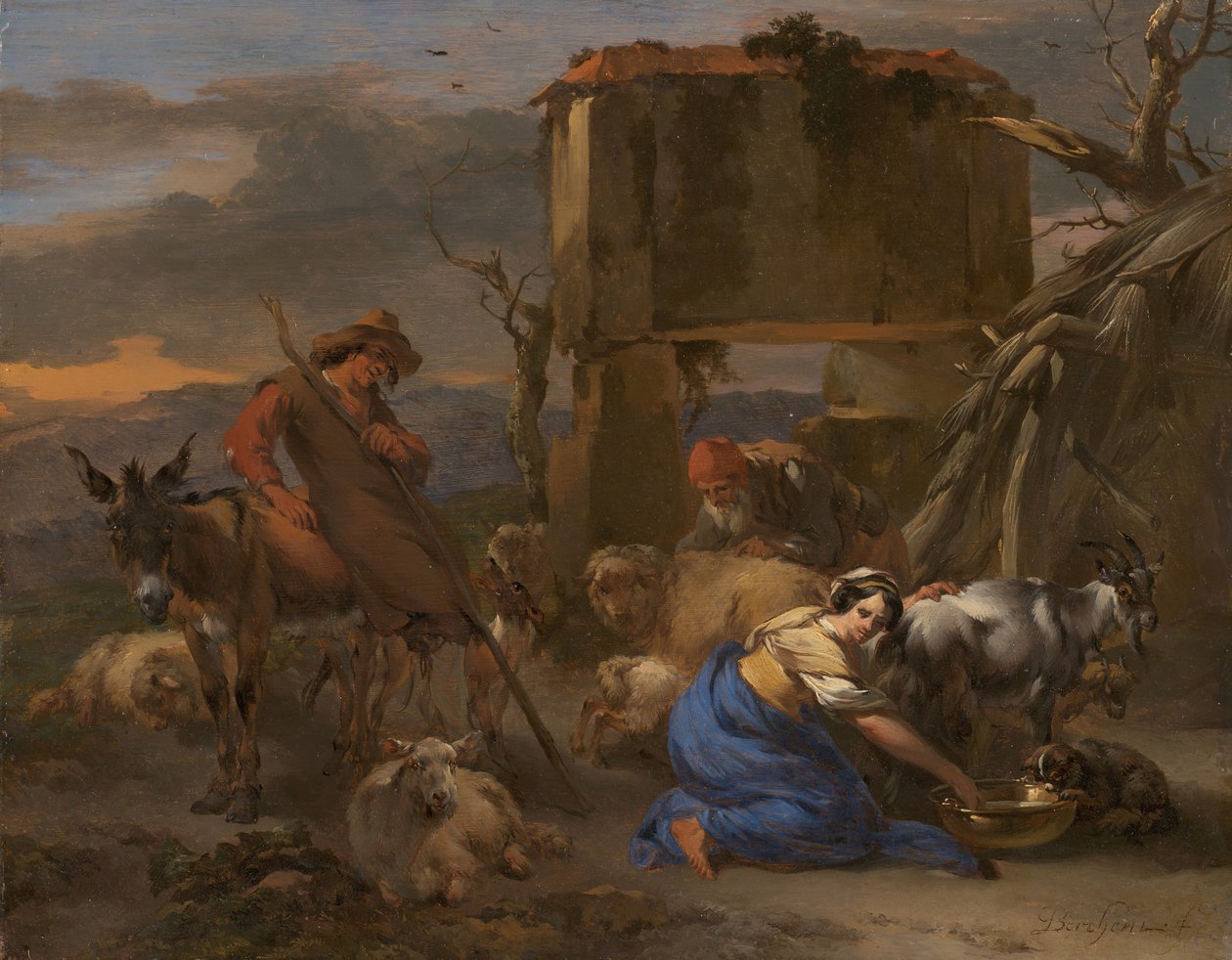 Pastoral scene med en gjeterinne som melker en geit, 166570. av Nicolaes Berchem