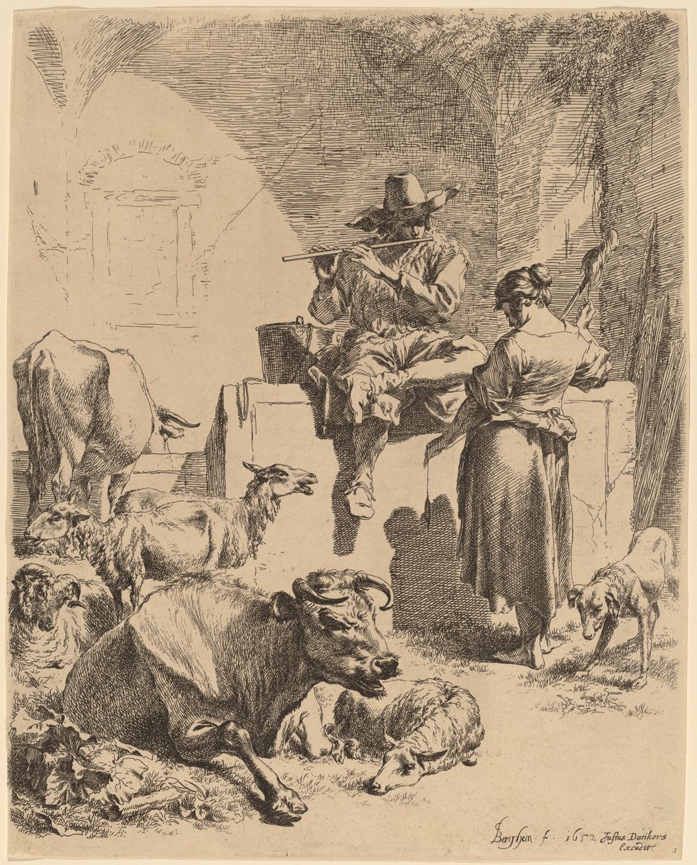 Hyrden sitter på en fontene og spinneren, 1652. av Nicolaes Berchem