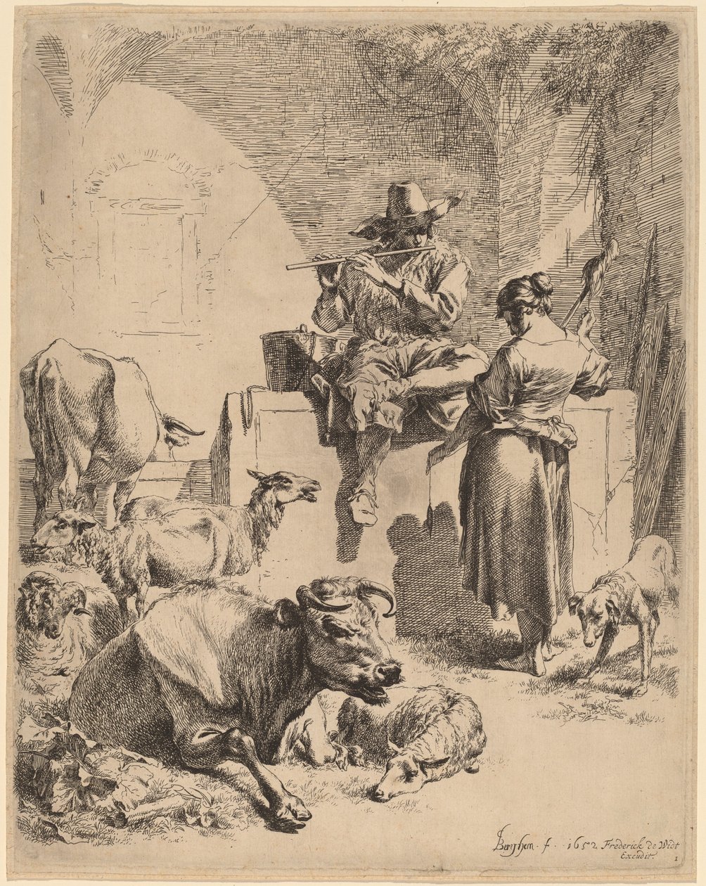 Hyrden sitter på en fontene og spinneren, 1652. av Nicolaes Berchem
