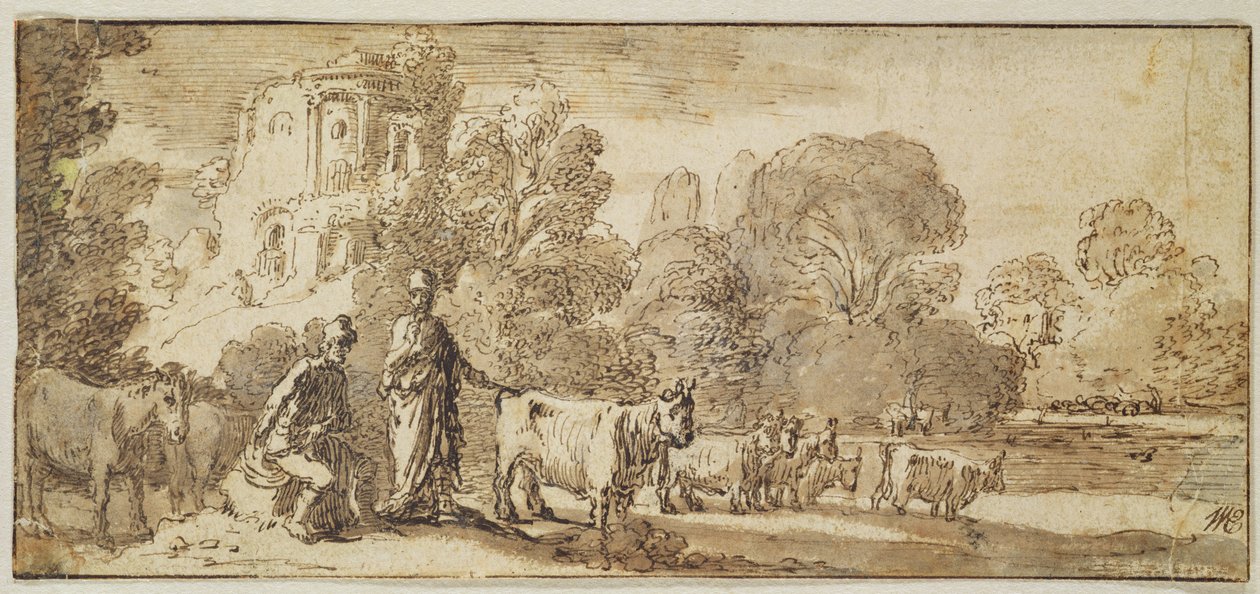 Mercury og Argus med en flokk storfe (penn og blekk på papir) av Nicolaes Cornelisz Moeyaert