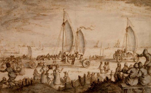 PD.851-1963 Prins Maurits fra Nassaus landyachter på stranden i Scheveningen, ca. 1614-15 (blekk og vask) av Nicolaes Jansz  Visscher