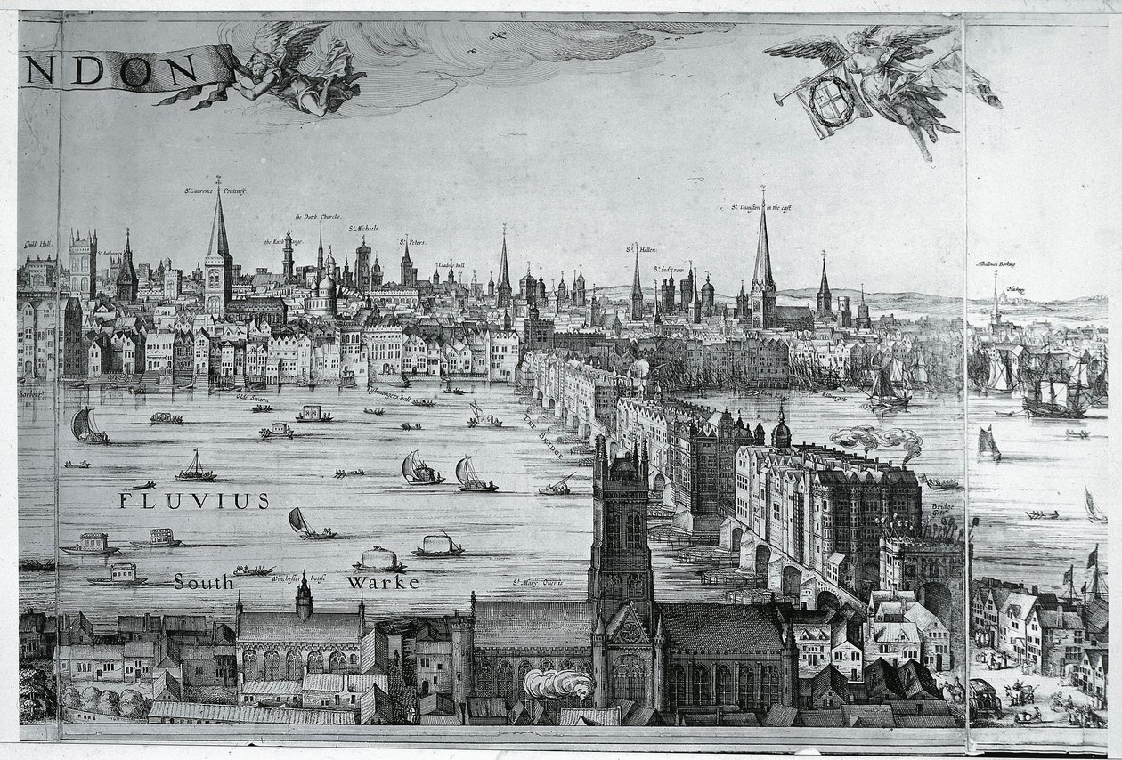 Storbritannia, England, utsikt over London City med London Bridge av Nicolaes Jansz (1586 1652) Visscher