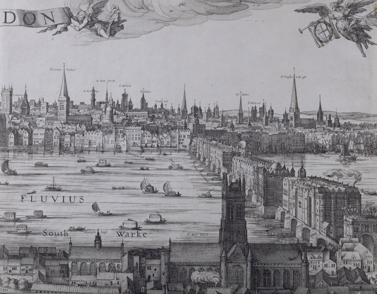 Panorama over London og Themsen, del tre som viser Southwark, London Bridge og kirkene i byen, ca. 1600 (se også 7214, 64730 og 64732) av Nicolaes Jansz Visscher
