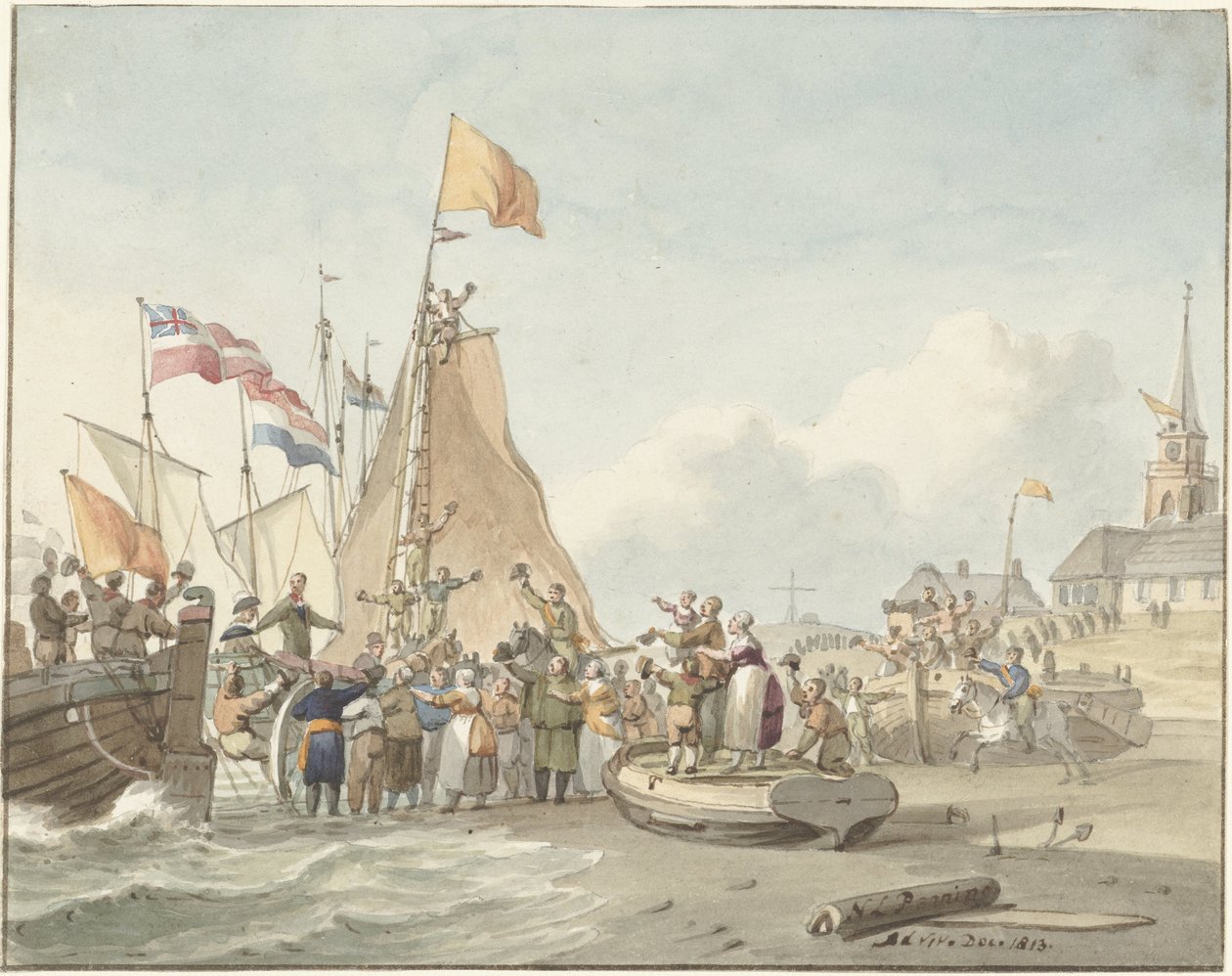 Prins Willem Frederiks ankomst til Scheveningen 30. november 1813 av Nicolaes Lodewick Penning (signed by artist)