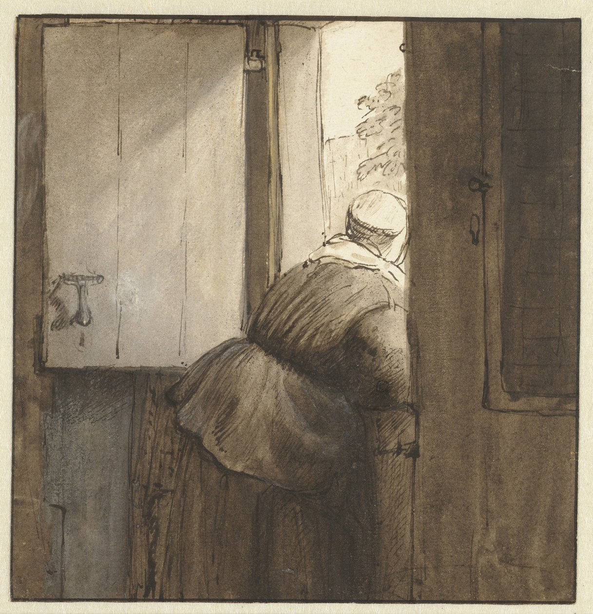 Kvinne bøyde seg under døren av Nicolaes Maes (possibly)