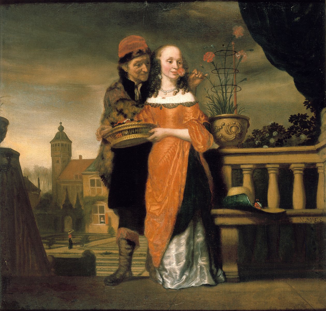 En mann som holder en nellike mot en kvinnes nese: An Allegory of the Sense of Smell, før 1660 av Nicolaes Maes