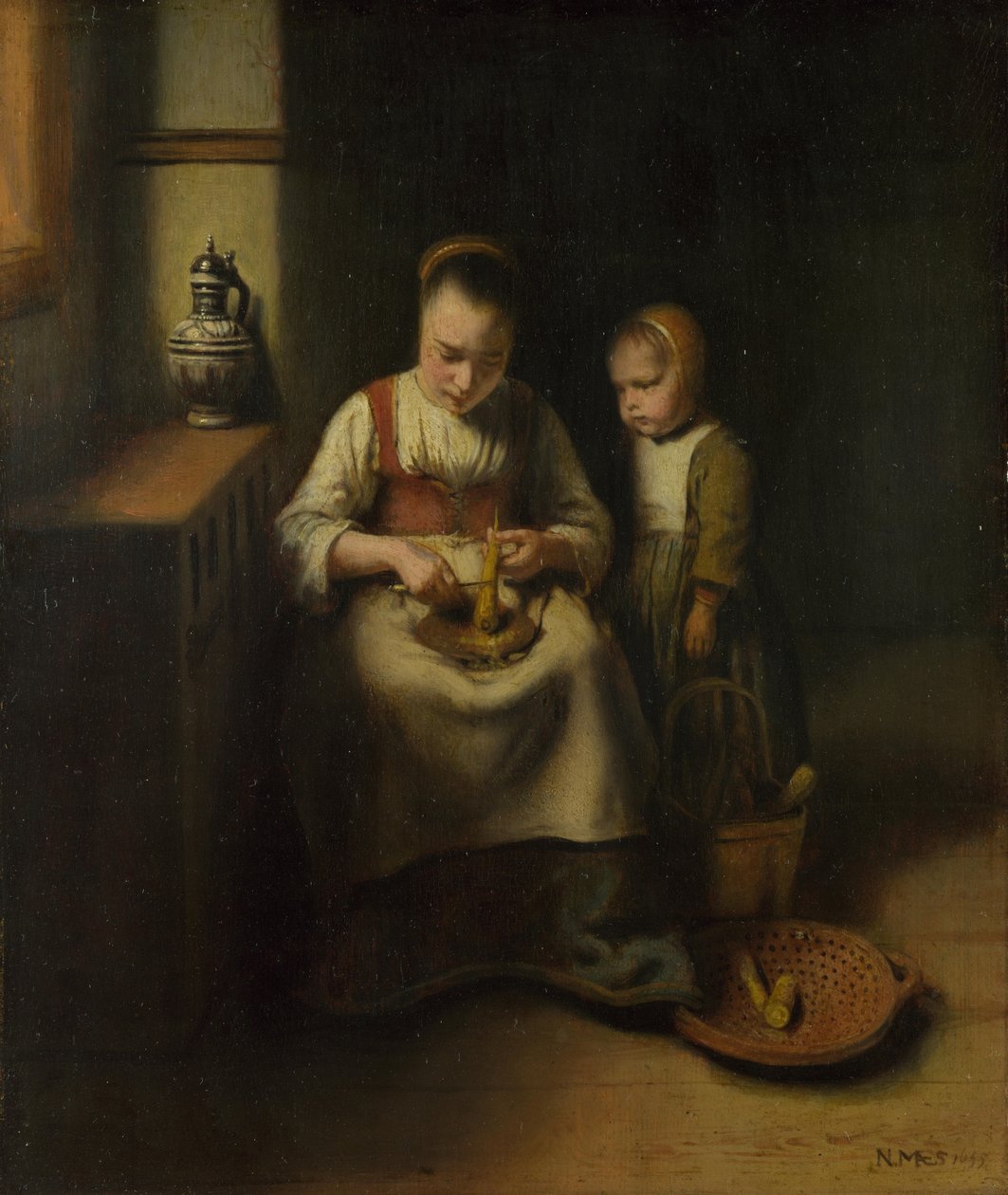 En kvinne som skraper pastinakk, med et barn stående ved henne, 1655 av Nicolaes Maes