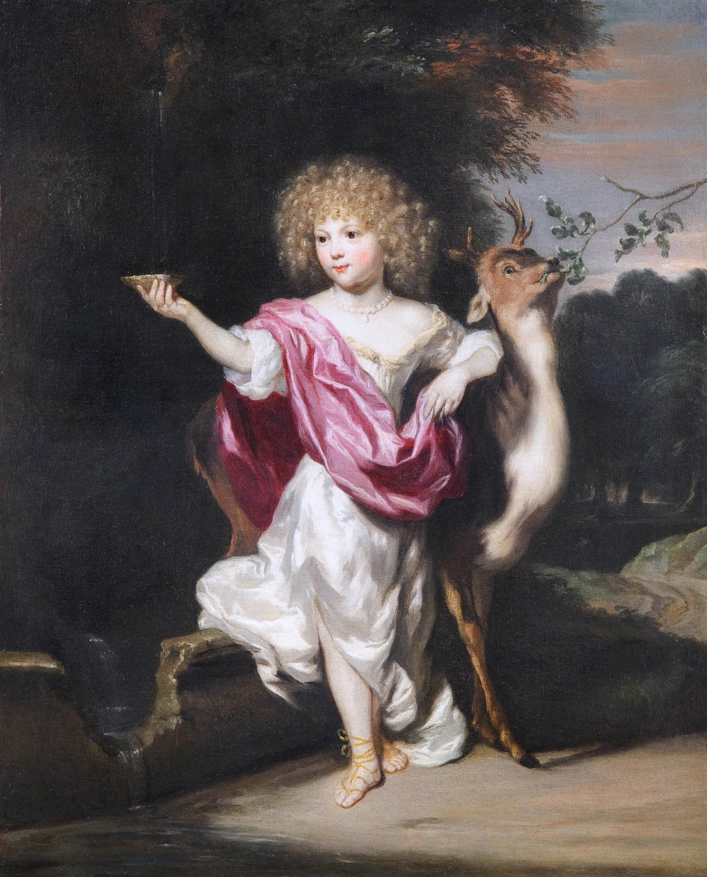 ""Portrait of a girl with a hjort"" (Portrait of a girl with a hjort) Maleri av Nicolaes Maes (1634-1693), - Olje på lerret Dim 58x49 cm Fondation Custodia av Nicolaes Maes