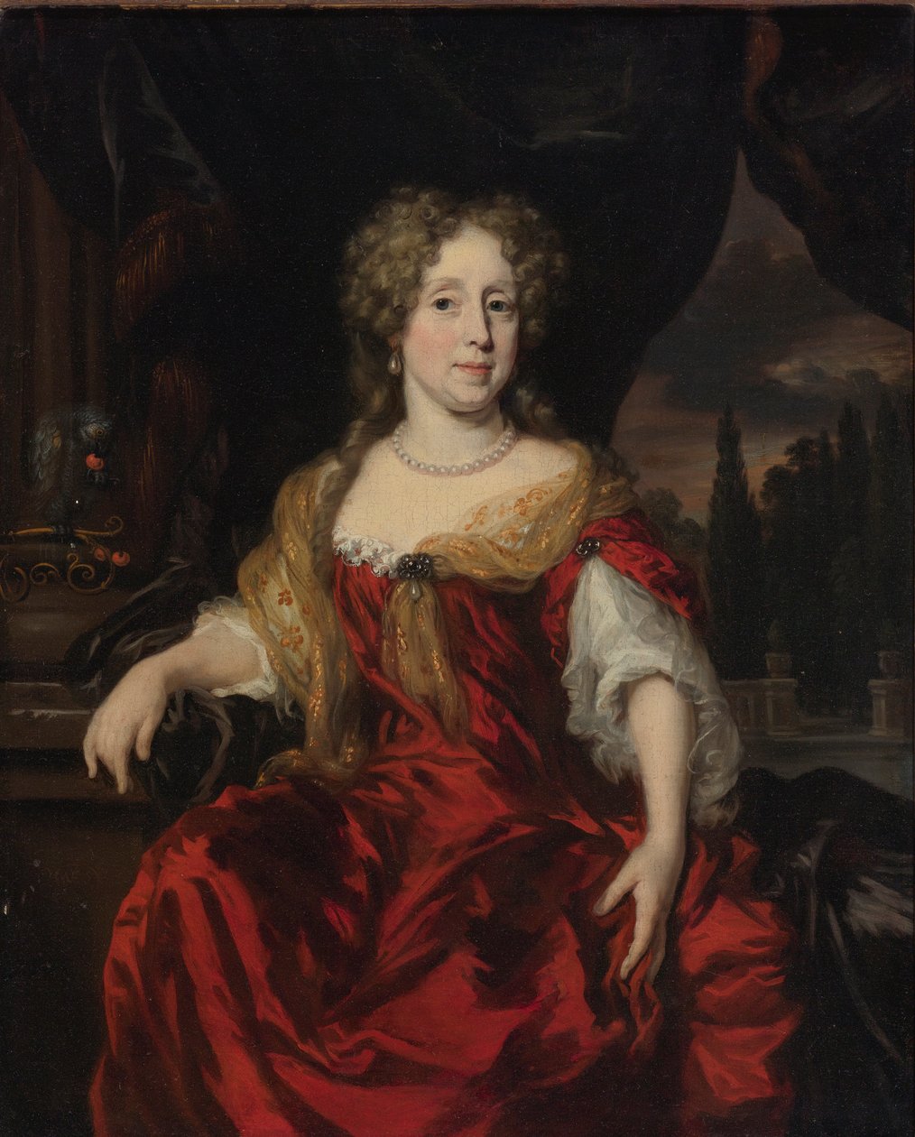 Portrett av en dame i en rød kjole av Nicolaes Maes
