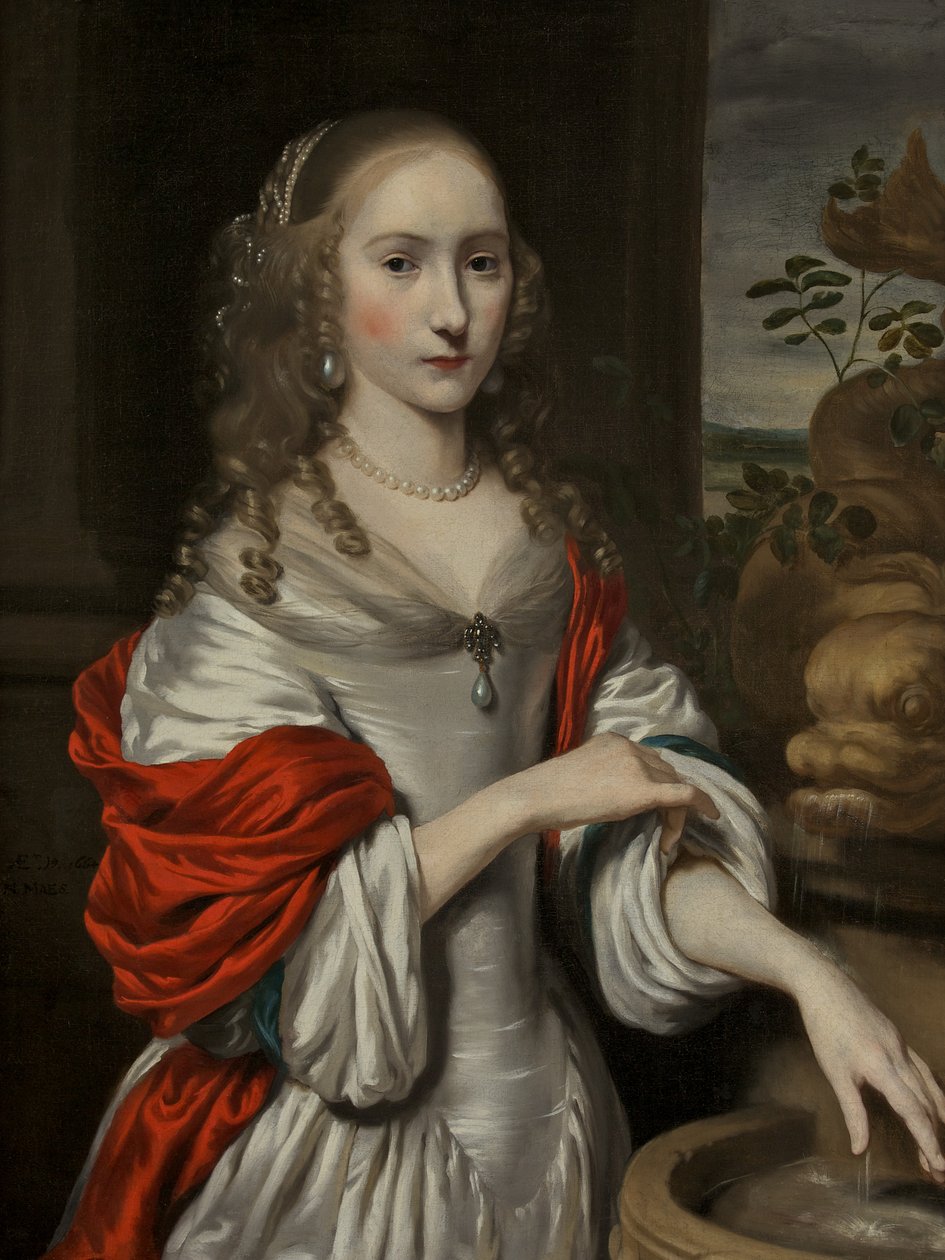Portrett av en ung jente, stående nær en fontene av Nicolaes Maes