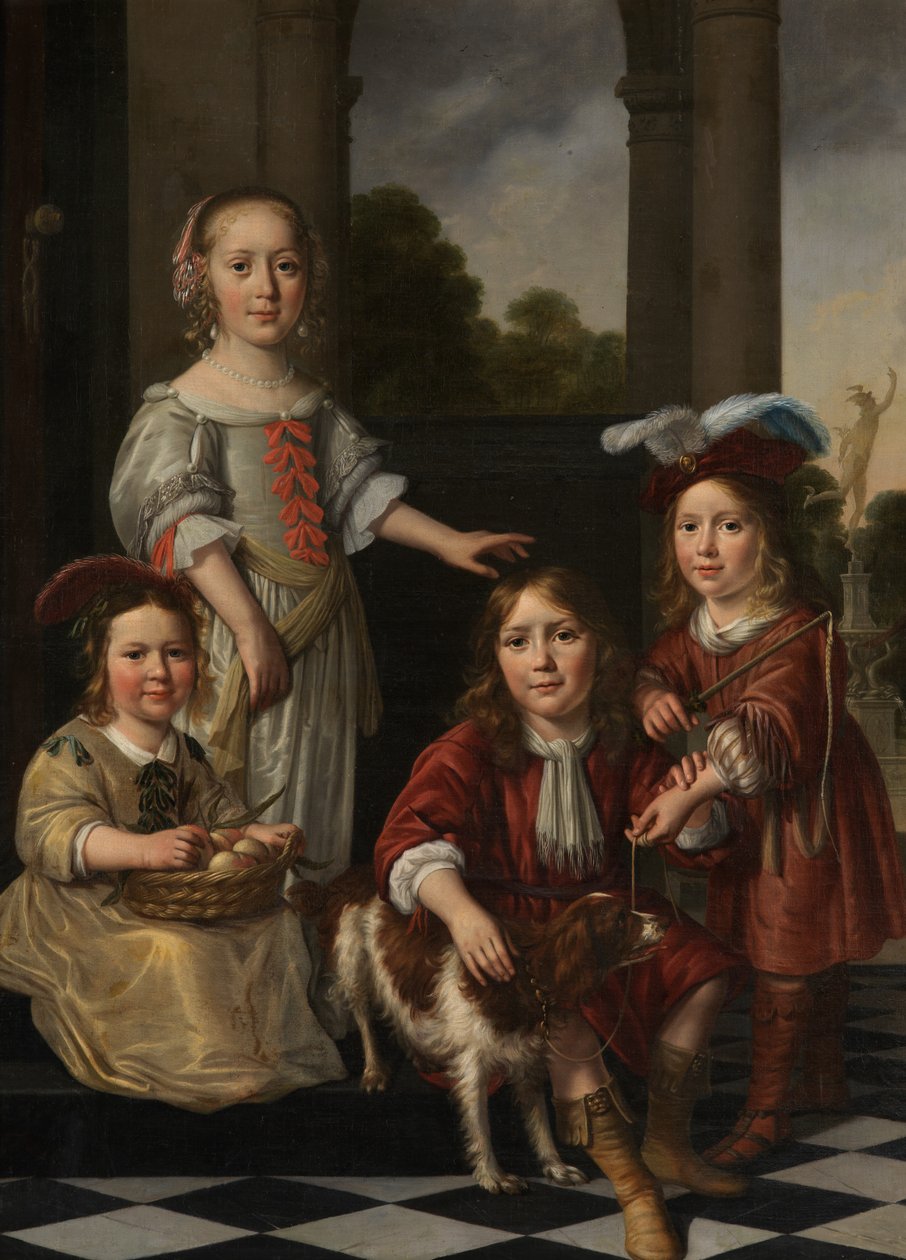 Portrett av fire barn (olje på lerret) av Nicolaes Maes