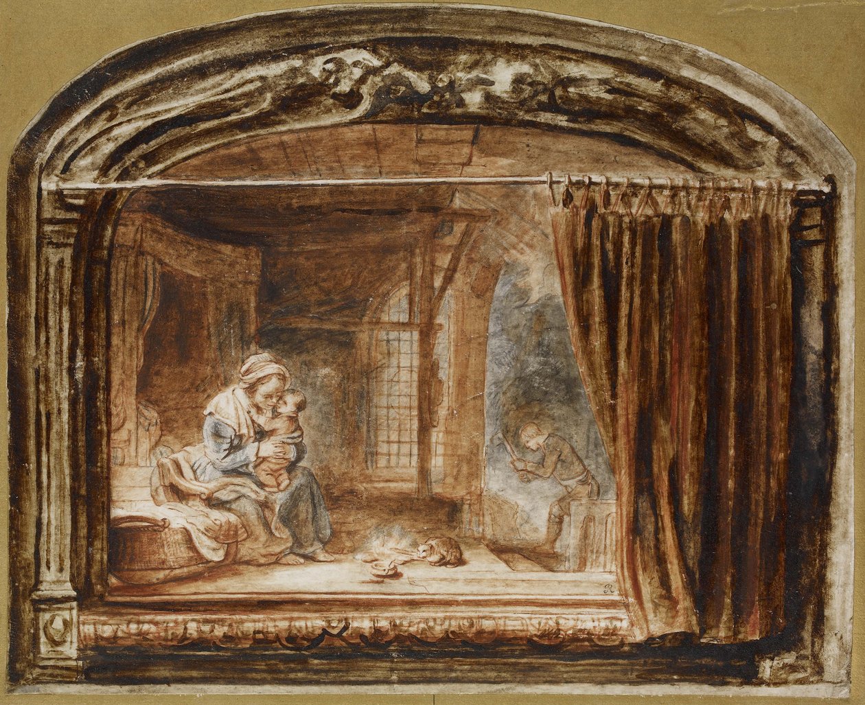 Den hellige familie med Joseph som hogger ved av Nicolaes Maes