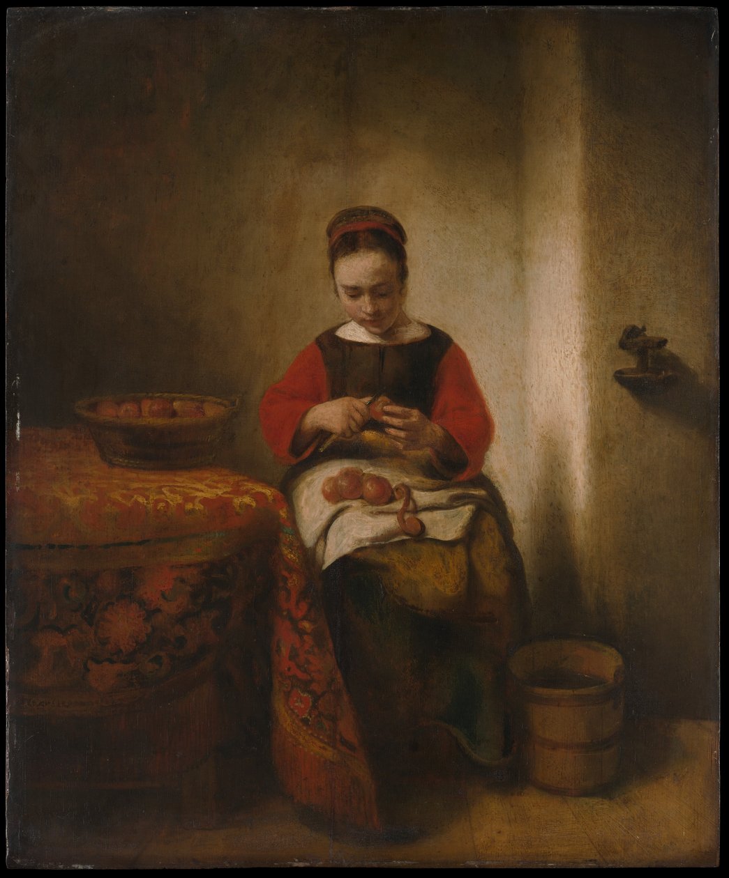 Ung kvinne som skreller epler av Nicolaes Maes