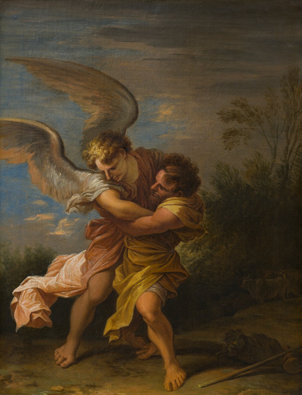 Jakob bryter med engelen, ca. 1640-83 (olje på lerret) av Nicolaes Pietersz (attr.to) Berchem