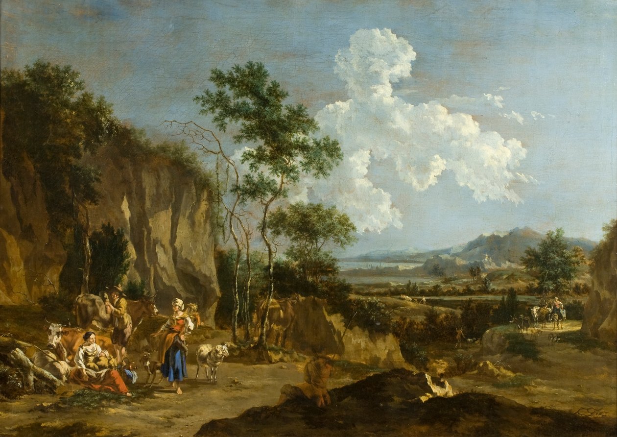 Italiensk landskap (eller arbeiderlunsj) av Nicolaes Pietersz (follower of) Berchem