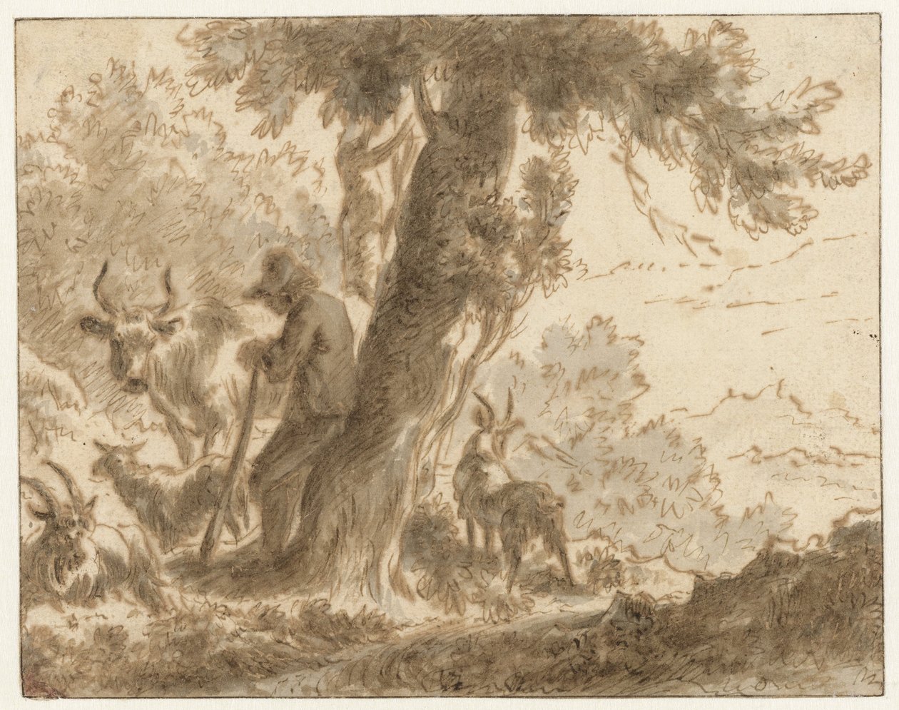 Hyrde og storfeet hans ved et tre av Nicolaes Pietersz Berchem (possibly)