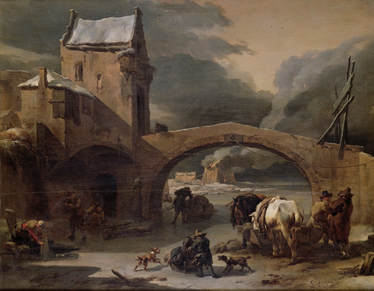 A Winter Landscape with Peasants and Horses on a Frozen Canal by a Fortified Bridge, c.1660-70 (oil on panel) av Nicolaes Pietersz. Berchem
