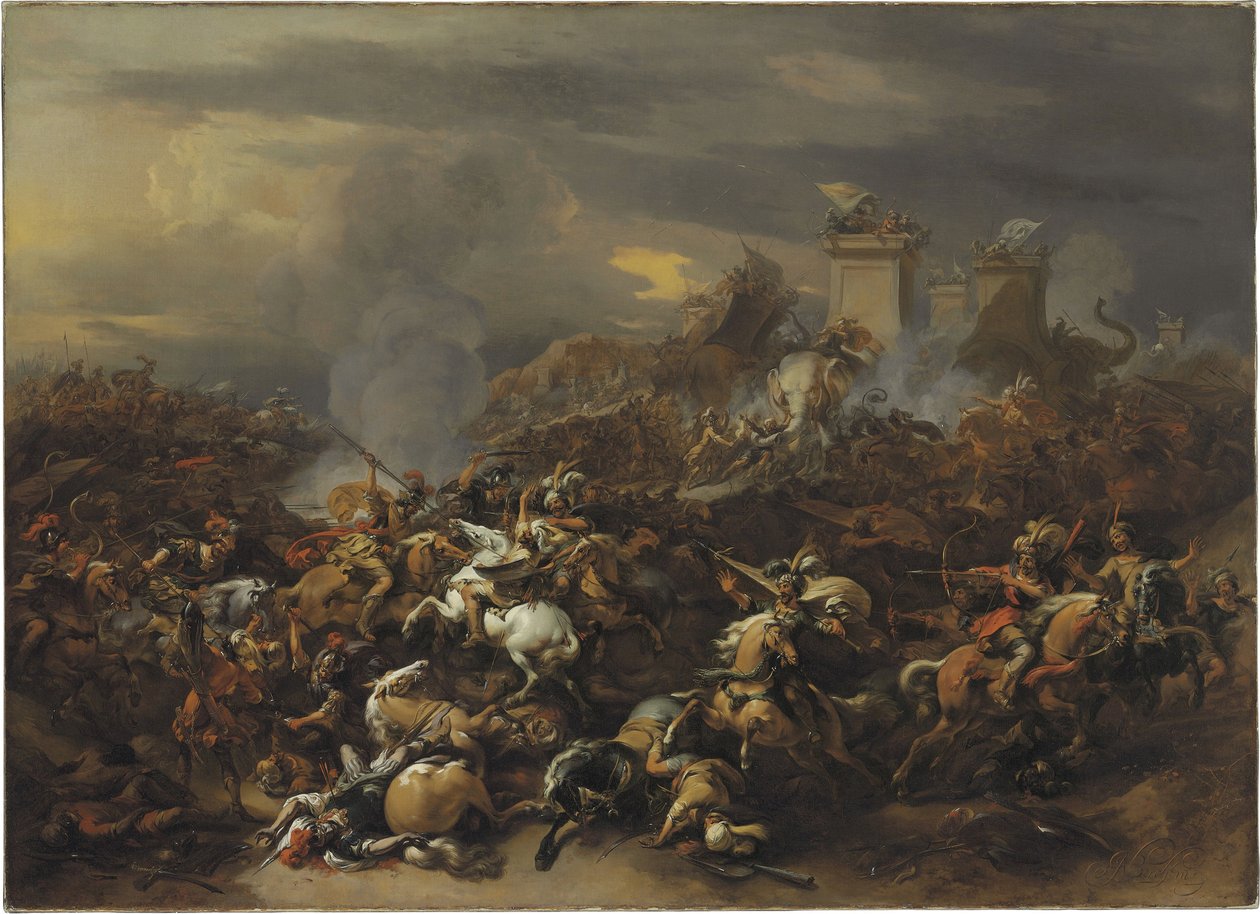 Alexander den store (356-323 av. JC) kombattant Porus (ou Poros) d'Inde en 326 av JC - peinture de Nicolaes Berchem (1620-1683) - 17eme siecle - Slaget av Alexander den store mot kongen Porus - Nicolaes (Claes) Pietersz Berchem, den eldste (1620 av Nicolaes Pietersz. Berchem